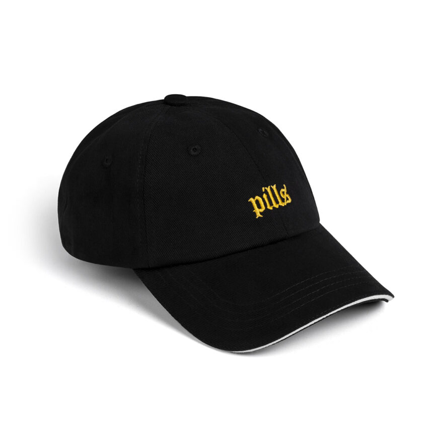 black cap with yellow blackletter embroidery