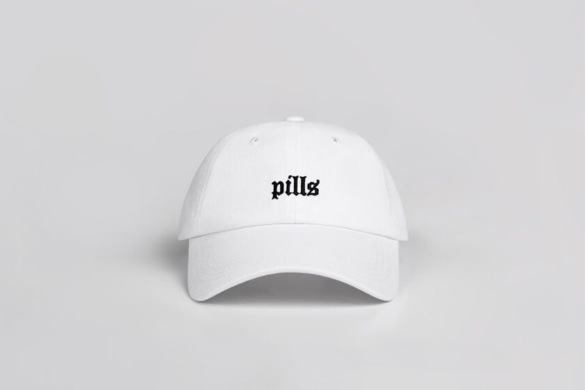 white cap with black blackletter embroidery frontsideview