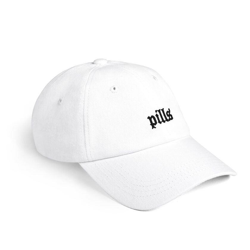 white cap with black blackletter embroidery