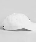 white cap with black blackletter embroidery backside view