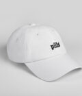 white cap with black blackletter embroidery backside view